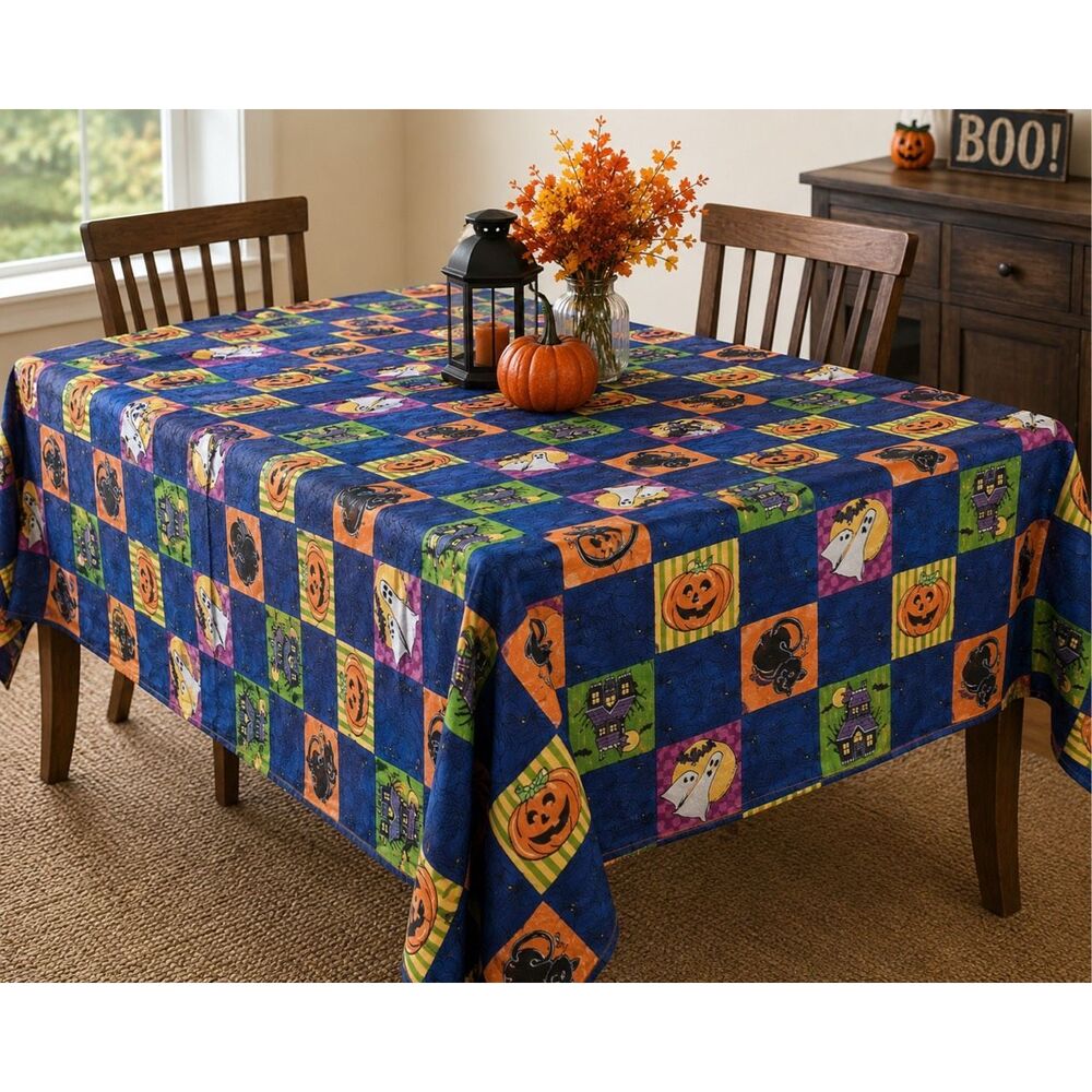 Halloween Multicolored Vinyl Top Trick or Treat Rectangle Tablecloth 60”x78”